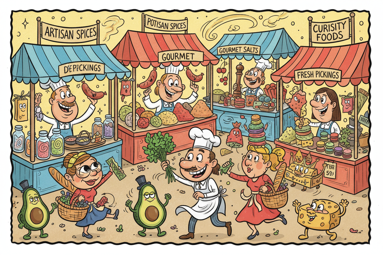 create an animated caricature foodie market image