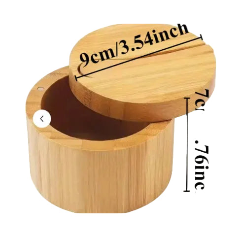Beautiful Bamboo salt box with magnetic swivel lid.